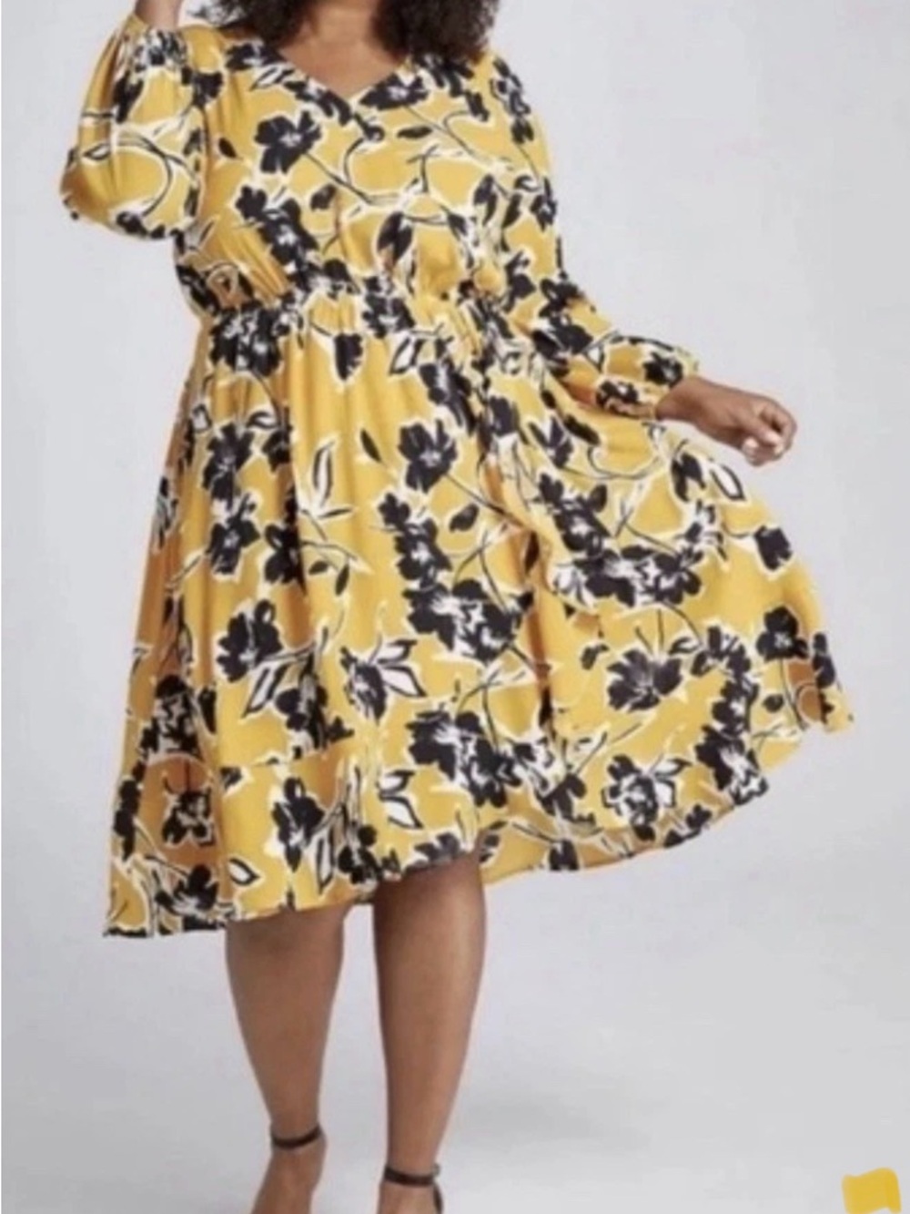 NWOT Lane Bryant 22/24 Yellow Floral V-Neck Long Sleeve Knee Length Dress Ruffle